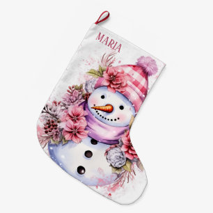 Feierliche Rosa Schneefrau gibt Namen Großer Weihnachtsstrumpf