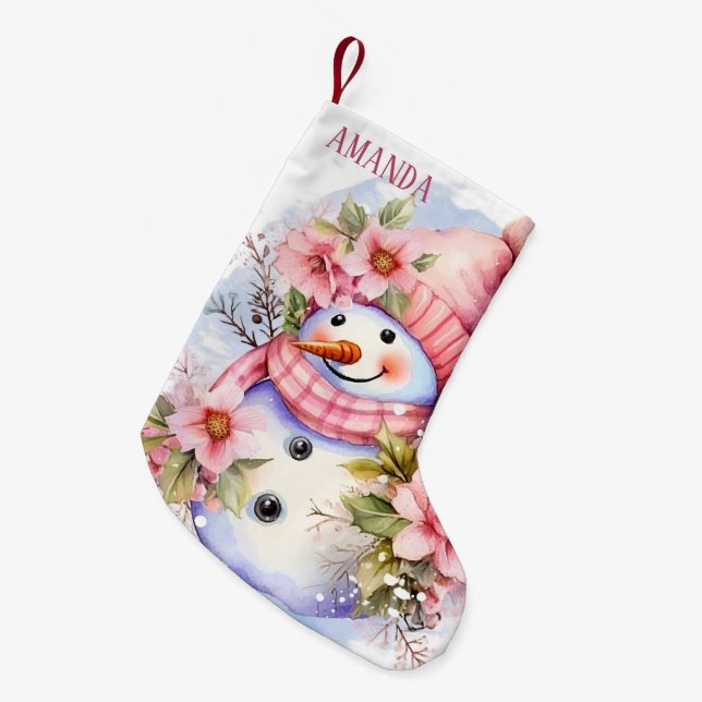 Feierliche Rosa Schneefrau gibt Namen Kleiner Weihnachtsstrumpf (Vorderansicht (hängend))