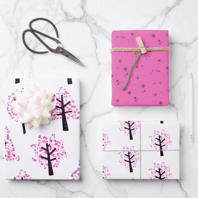 Feierliche Rosa Weihnachtsbaum Snowflake Muster Geschenkpapier Set (Vorderseite)