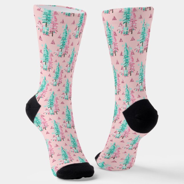 Feierliche Rosa Weihnachtsbaummuster Socken (Gewinkelt)