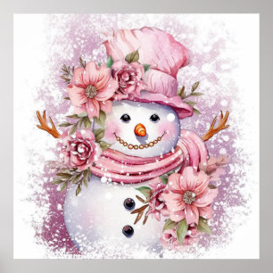 Feierliche Rosa Weihnachtsschneefrau Poster