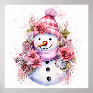 Feierliche Rosa Weihnachtsschneefrau Poster