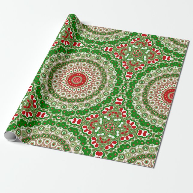 Feierliche Rot-Grün-Mandala mit Urlaubssymmetrie Geschenkpapier (Ungerollt)