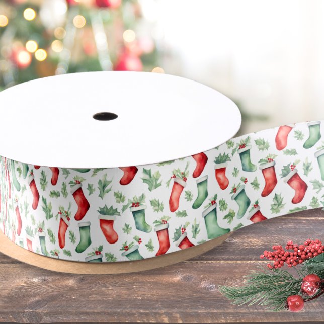 Feierliche Rot-Grün-Strumpf Weihnachten Satinband (Festive Red Green Stockings Christmas Satin Ribbon)