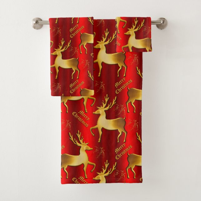 Feierliche Rot und Gold Rentier Frohe Weihnachten Badhandtuch Set (Insitu)