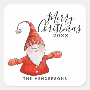 Feierliche Rot und Weiß Gnome Frohe Weihnachten Quadratischer Aufkleber