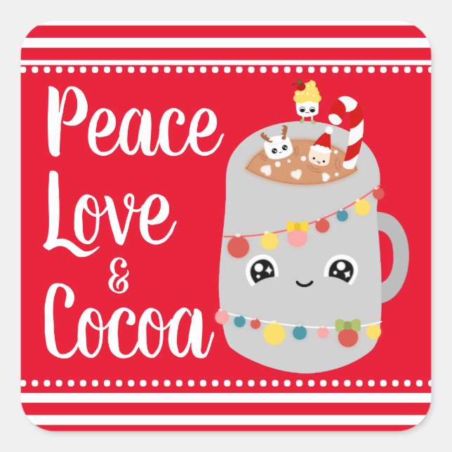 Feierliche Rot und Weiß Kawaii Kakao Weihnachtsges Quadratischer Aufkleber (Vorderseite)