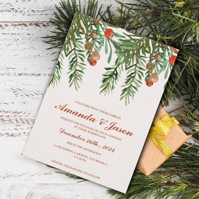Feierliche Rote Bergen Weihnachts-Hochzeit Einladu (Festive Red Berries Christmas wedding Invitation)