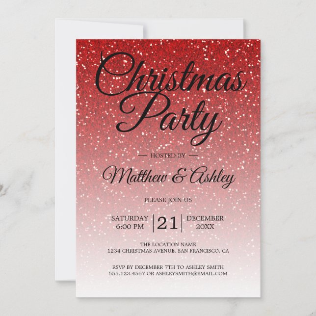 Feierliche Rote Glitzer Ombre Weihnachten Party Einladung (Vorderseite)