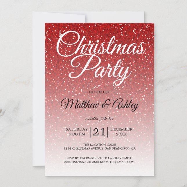 Feierliche Rote Glitzer Ombre Weihnachten Party Einladung (Vorderseite)