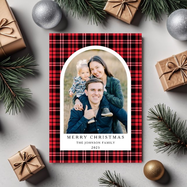 Feierliche Rote Karierte Foto Weihnachten (Festive Red Plaid Photo Christmas Holiday Card)