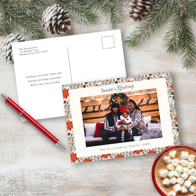 Feierliche Rote Poinsettia Foto Postkarte (Poinsettia Season Photo Christmas Postcard white)