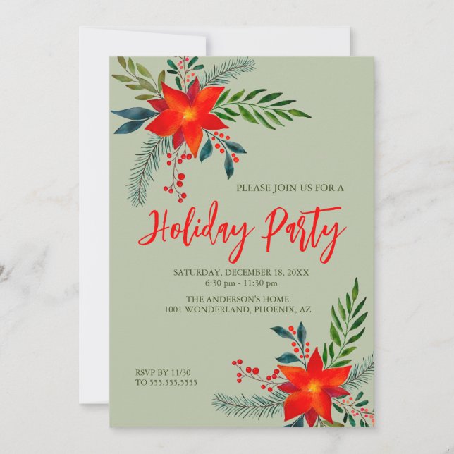 Feierliche Rote Poinsettia Holiday Party Einladung (Vorderseite)