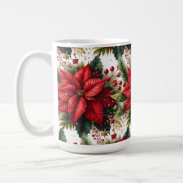 Feierliche Rote Poinsettia mit goldener Weihnachts Kaffeetasse (Links)