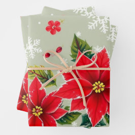 Feierliche Rote Poinsettia und Schneeflocke Geschenkpapier Set