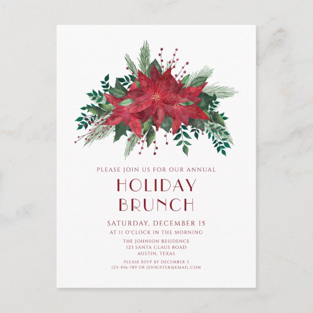 Feierliche Rote Poinsettias Feiertag Einladung Postkarte (Vorderseite)