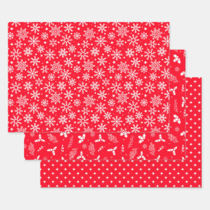 Feierliche Rote Schneeflocken Holly and Berries Geschenkpapier Set