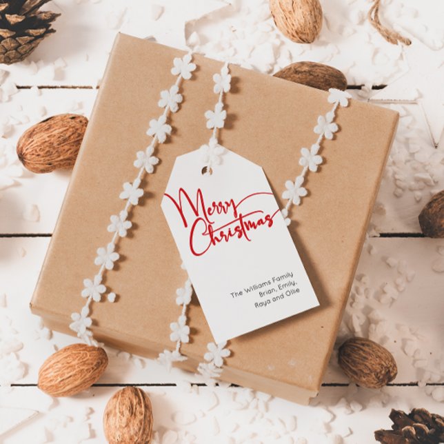 Feierliche Rote Schrift Frohe Weihnachtsfamilie Geschenkanhänger (Von Creator hochgeladen)