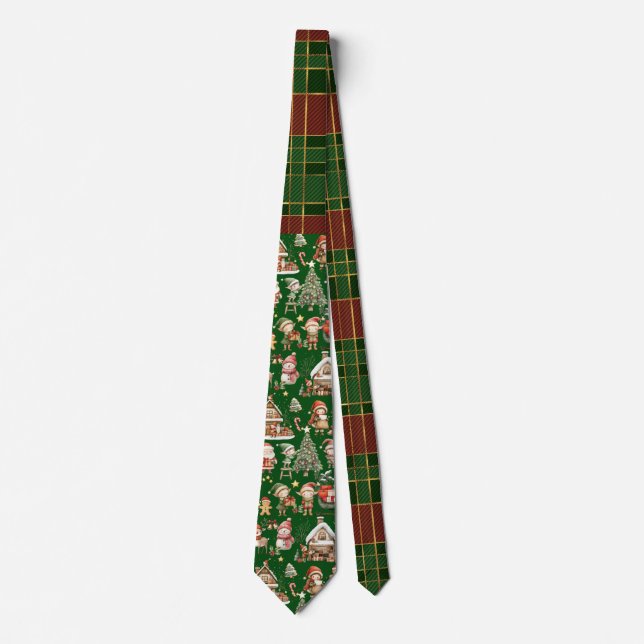Feierliche Rote Tartan Weihnachtselfen Krawatte (Vorderseite)
