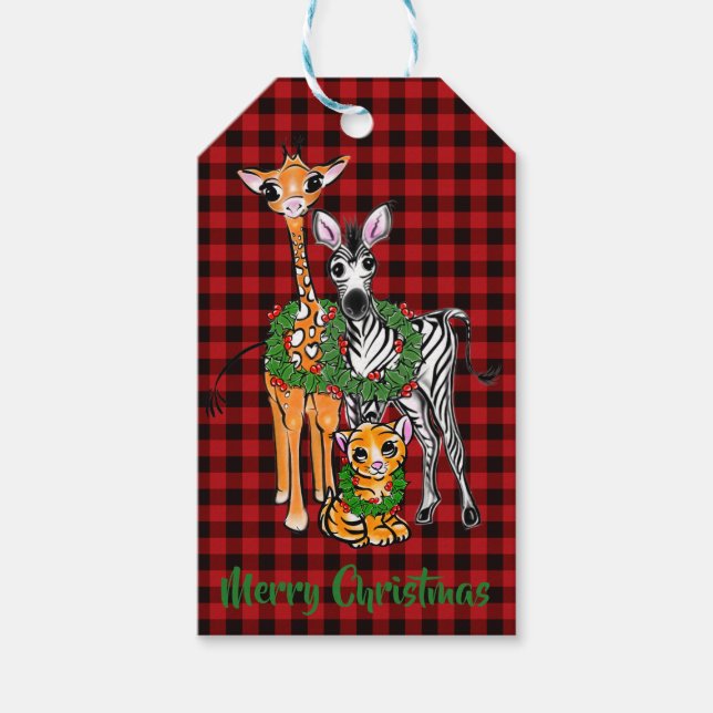 Feierliche Safari-Freunde, rot kariert Geschenkanhänger (Vorderseite)