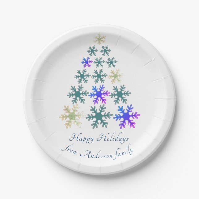 Feierliche Snowflake Weihnachtsbaum Familienurlaub Pappteller (Vorderseite)