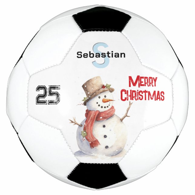 Feierliche Snowman Mit Monogramm Frohe Weihnachten Fußball (Vorderseite)