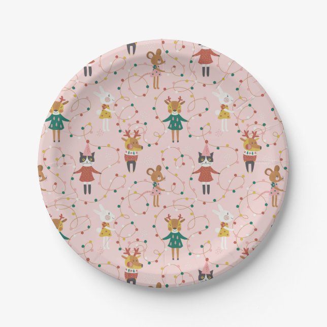 Feierliche Tierfreunde Weihnachtsmuster Pappteller (Vorderseite)