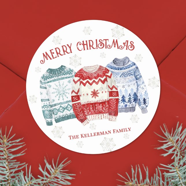 Feierliche Ugly Sweater Frohe Weihnachten Runder Aufkleber (Festive Ugly Sweater Merry Christmas Classic Round Sticker)