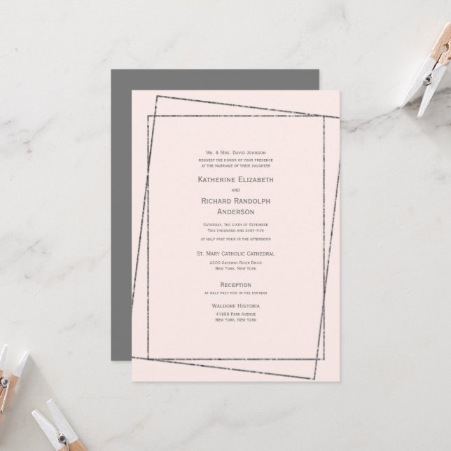 Feierliche und elegante Blush & Silver Wedding Einladung (Vorderseite/Rückseite Beispiel)