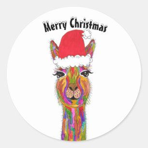 Feierliche und farbenfrohe Lama Frohe Weihnachten Runder Aufkleber