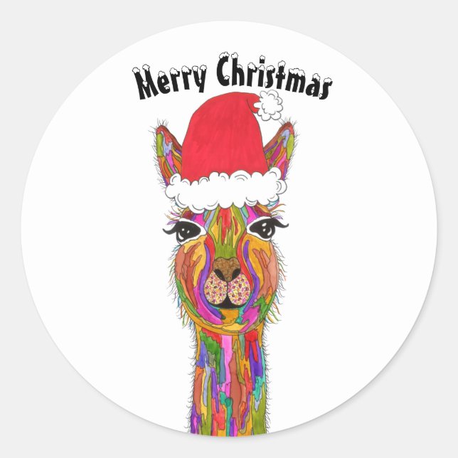 Feierliche und farbenfrohe Llama Frohe Weihnachten Runder Aufkleber (Vorderseite)