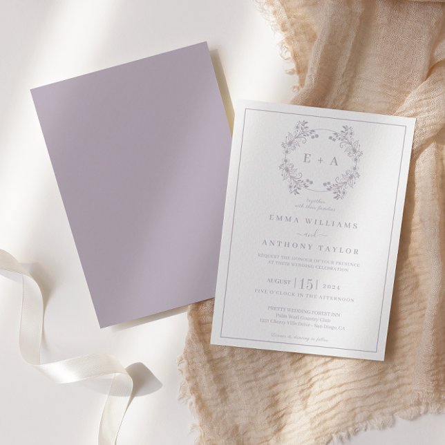 Feierliche Vintage Lavendel-Monogramm-Hochzeit Einladung (Von Creator hochgeladen)