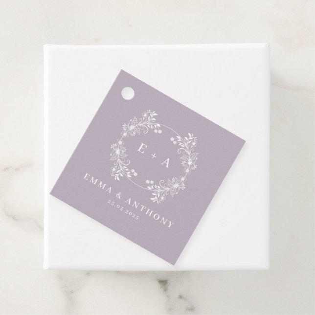 Feierliche Vintage Lavendel-Monogramm-Hochzeit Geschenkanhänger (Beispiel)