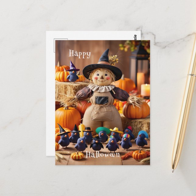 Feierliche Vogelscheuche und Kürbispfeifen Postkarte (Vorderseite/Rückseite Beispiel)