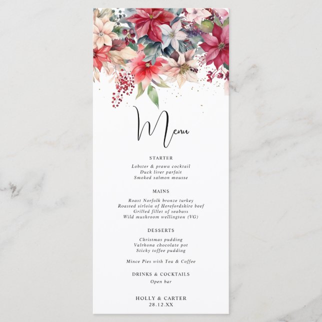 Feierliche Weihnachten Florals Hochzeit Menükarte (Vorderseite)