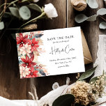 Feierliche Weihnachten Florals Hochzeit Save The Date<br><div class="desc">Elegante Hochzeit speichern Sie die Dattelkarten mit Winterfloralen - Poinsettias,  Rot,  Bordeaux,  Cremes und Elfenbein,  festliche Beeren und üppige Vegetation Die einfache Save the Date Vorlage kombiniert mit einer Kombination aus Kalligraphie-Schrift-Handschrift und Serifen-Schriftart.</div>