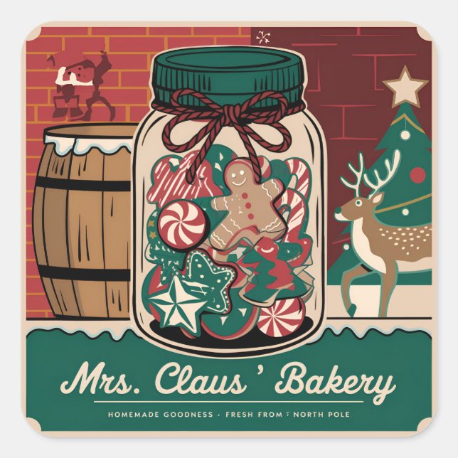 Feierliche Weihnachten Frau Claus Bäckerei Quadratischer Aufkleber (Vorderseite)