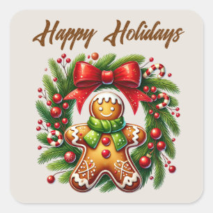Feierliche Weihnachten Gingerbret Happy Holidays Quadratischer Aufkleber