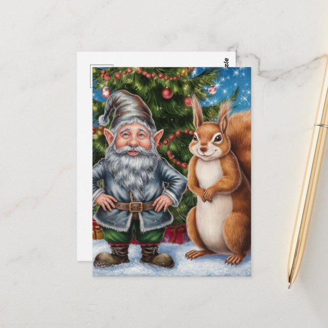 Feierliche Weihnachten im Grünen und Eichhörnchen Postkarte (Vorderseite/Rückseite Beispiel)