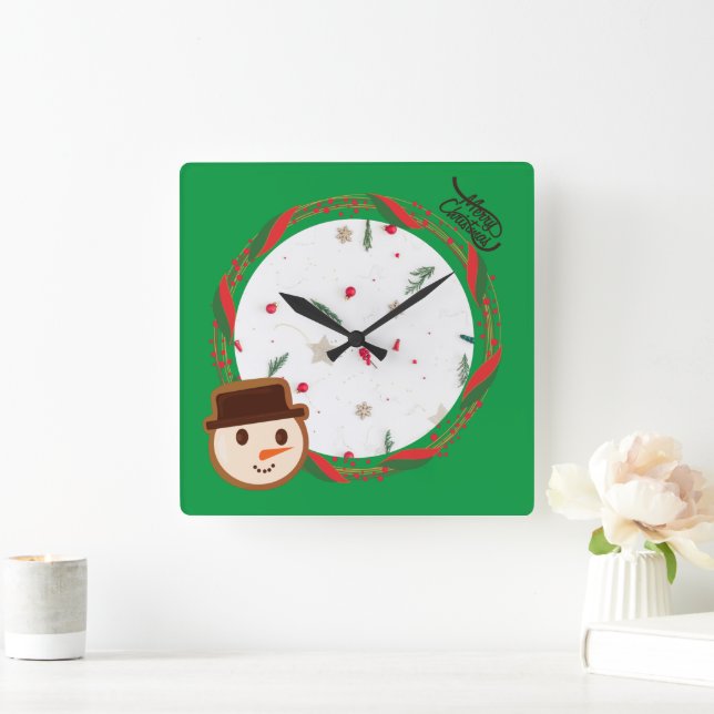 Feierliche Weihnachten im Schneemann Grün Quadratische Wanduhr (Zuhause)