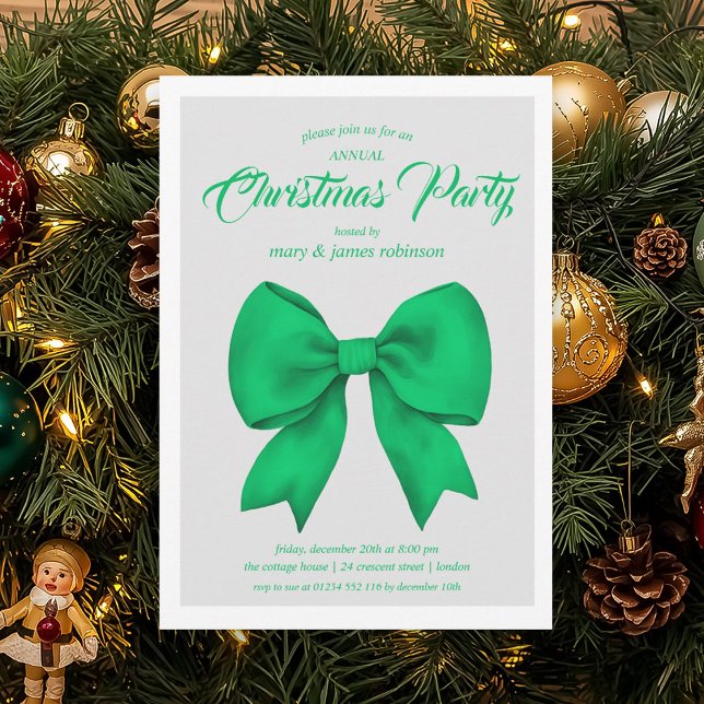 Feierliche Weihnachtsfeier der Grünen Bucht Einladung (Festive Green Bow Christmas Holiday Party Invitation)