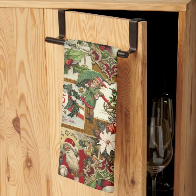 Feierliche Weihnachtsfeier Ephemera Collage-Gold Geschirrtuch (Drittel gefaltet)