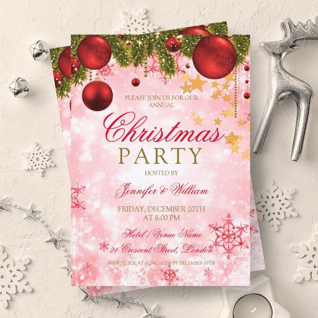 Feierliche Weihnachtsfeier Gold & Rot Einladung (Festive Gold & Red Christmas Holiday Party Invitation)