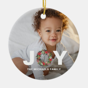 Feierliche Weihnachtsfeier Joy with Wreath Foto Keramik Ornament
