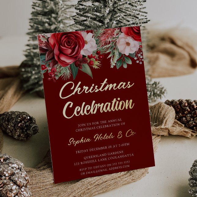 Feierliche Weihnachtsfeier Red Floral Gold Folieneinladung (Von Creator hochgeladen)