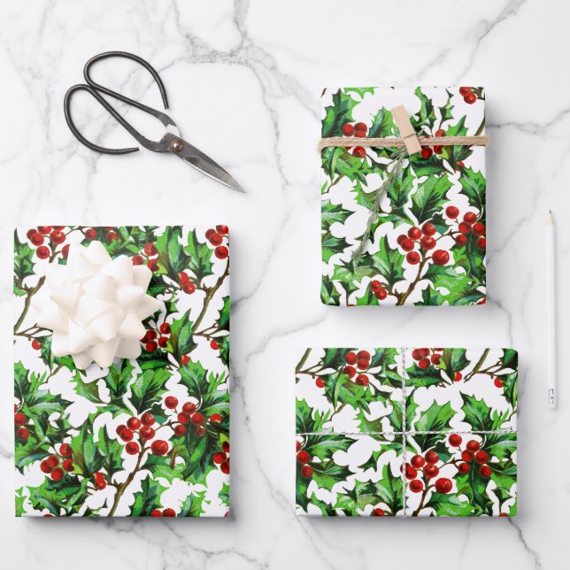 Feierliche Weihnachtsfeier Rote Berries Geschenkpapier Set (Vorderseite)