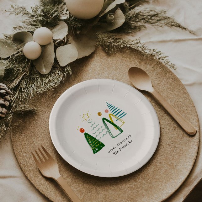 Feierliche Weihnachtsfeiertage im Wasser Pappteller (Festive watercolor Christmas trees personalized holiday party paper plates.)
