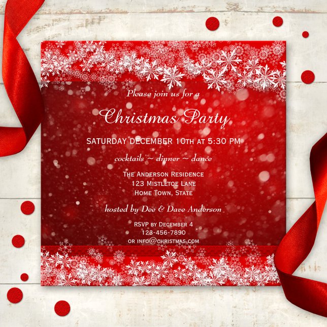Feierliche Weihnachtszeit-Party Einladung (A modern Christmas party invitation in red with elegant snow crystals and snow flakes)