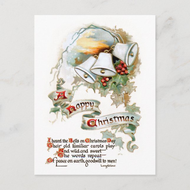 Feierliche Weihnachtszeit Text, Glocken und Holly Postkarte (Vorderseite)