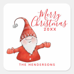 Feierliche Weiß und Roter Gnome Frohe Weihnachten Quadratischer Aufkleber